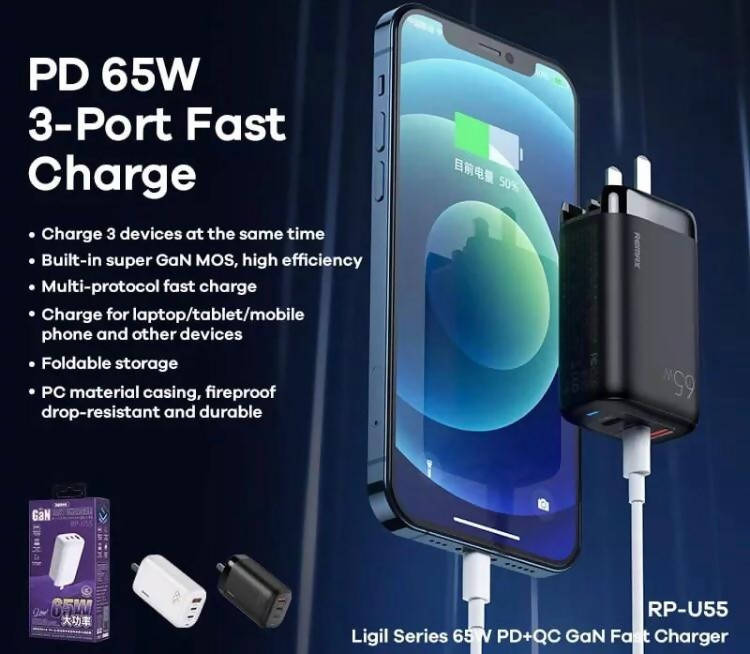 Remax Gan 65 watt PD super fast mobile charging adapter