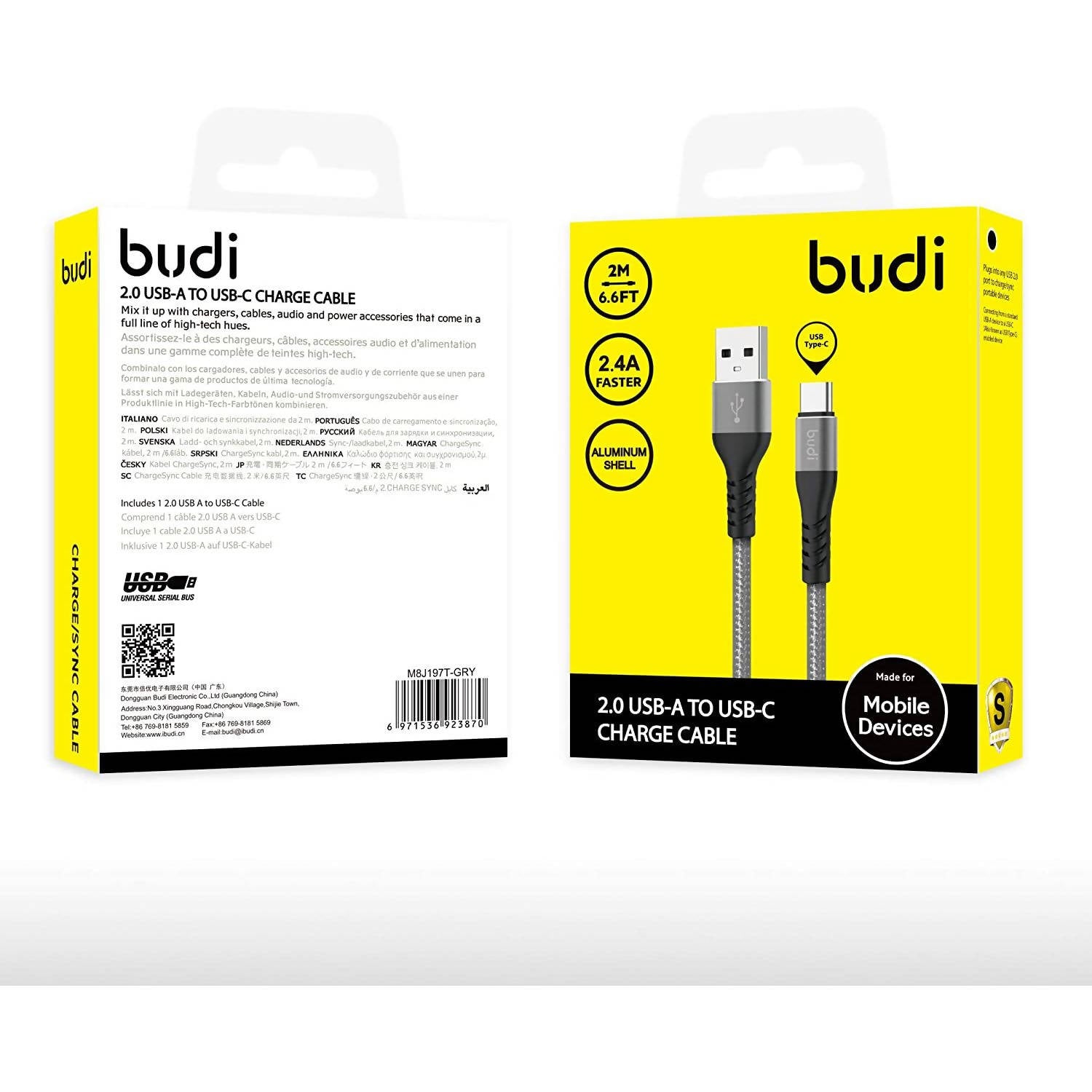 Budi Type C Cable 2m 6.6ft Braided Cable PD Fast Charge Cable Grey