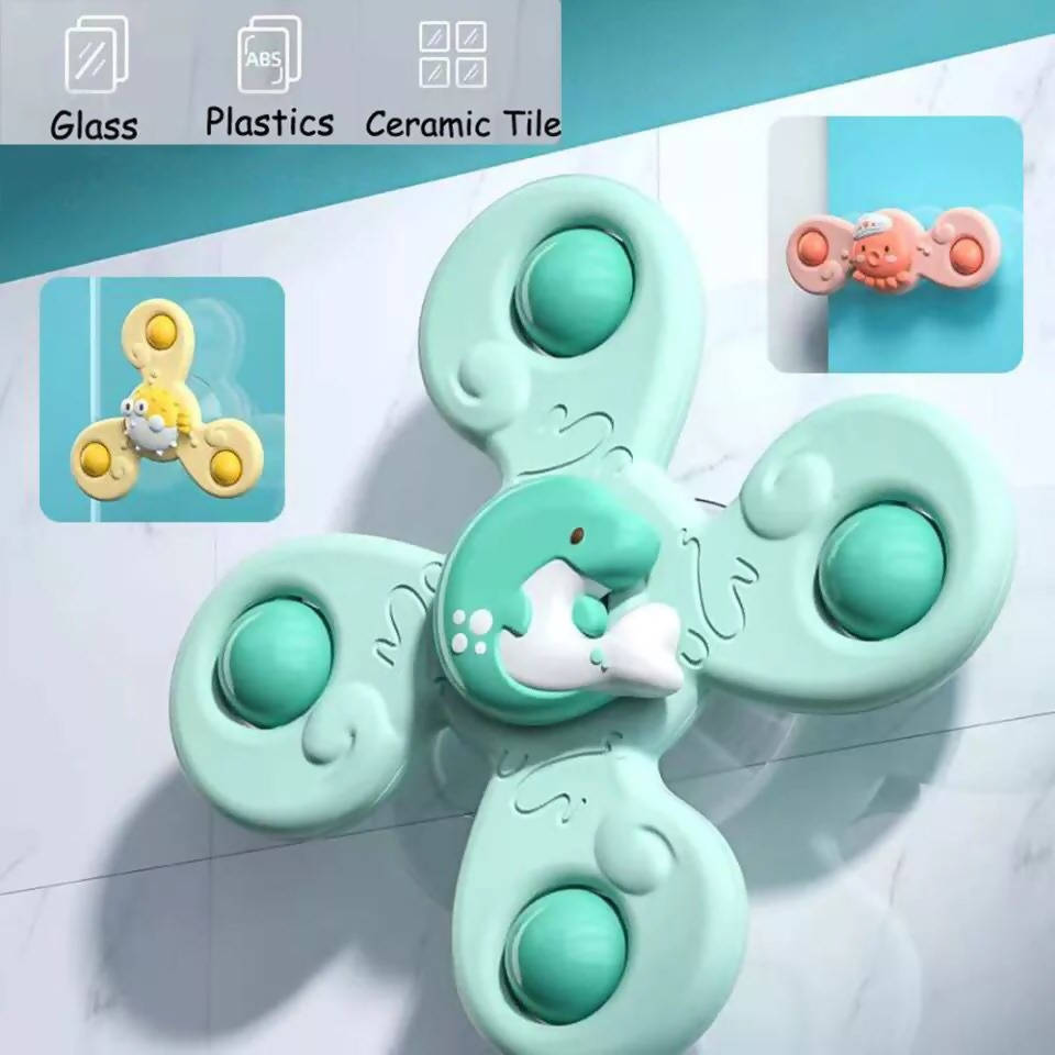 3 PCS Montessori Baby Spin Top Bath Toys for Boy Children Bathing Sucker Spinner Cartoon Suction Cup Baby Rattles Teether Toy Gift