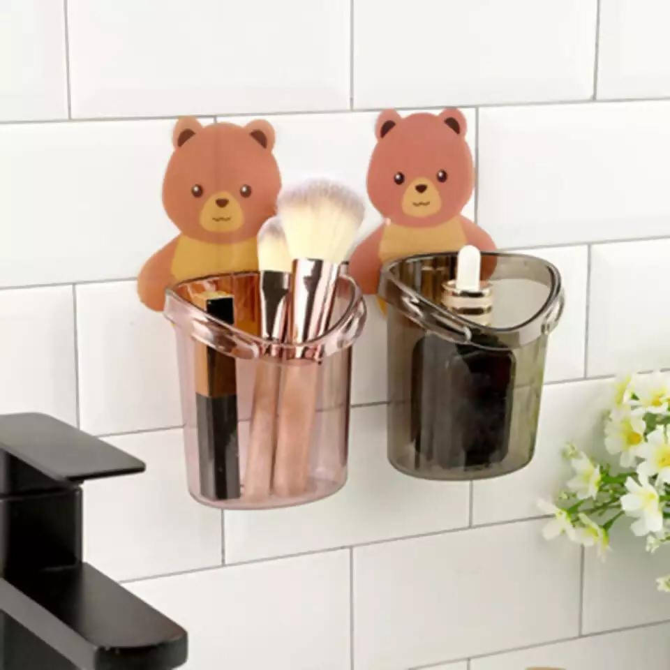 New Cute Bear Shaped Toothbrush Holder Wall Mounted Adhesive Drying Cup Rack Toothpaste Stand Shelf Bathroom Accessories Set