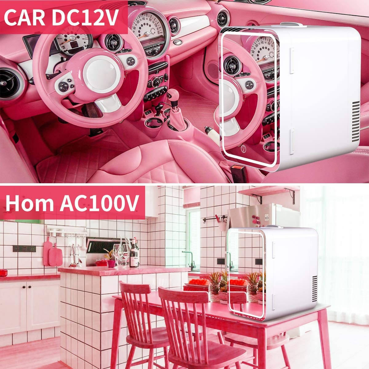 Cooseon Mini Fridge For Beauty Accessories With Led Light Mirror 8L Pink