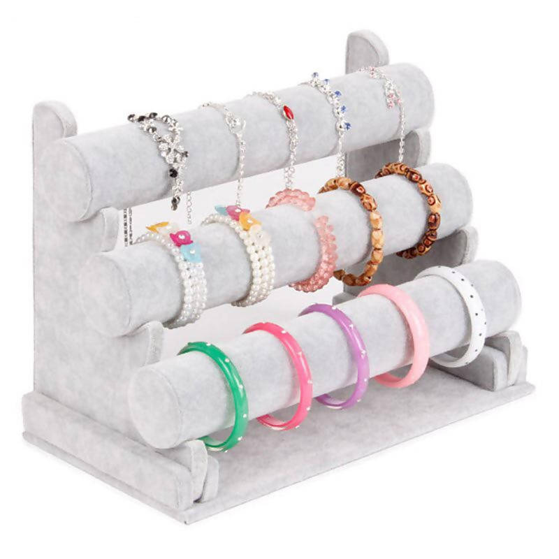 Flexzion Jewelry Organizer Holder Detachable 3 Tier Triple Bar Jewelry Display Gray Velvet For Bangles Watches Storage Display