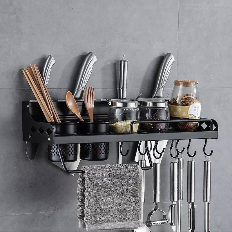 Black Aluminum Tool Holder With Hook Used For Kitchen Accessories Shelf Kitchen Supplies