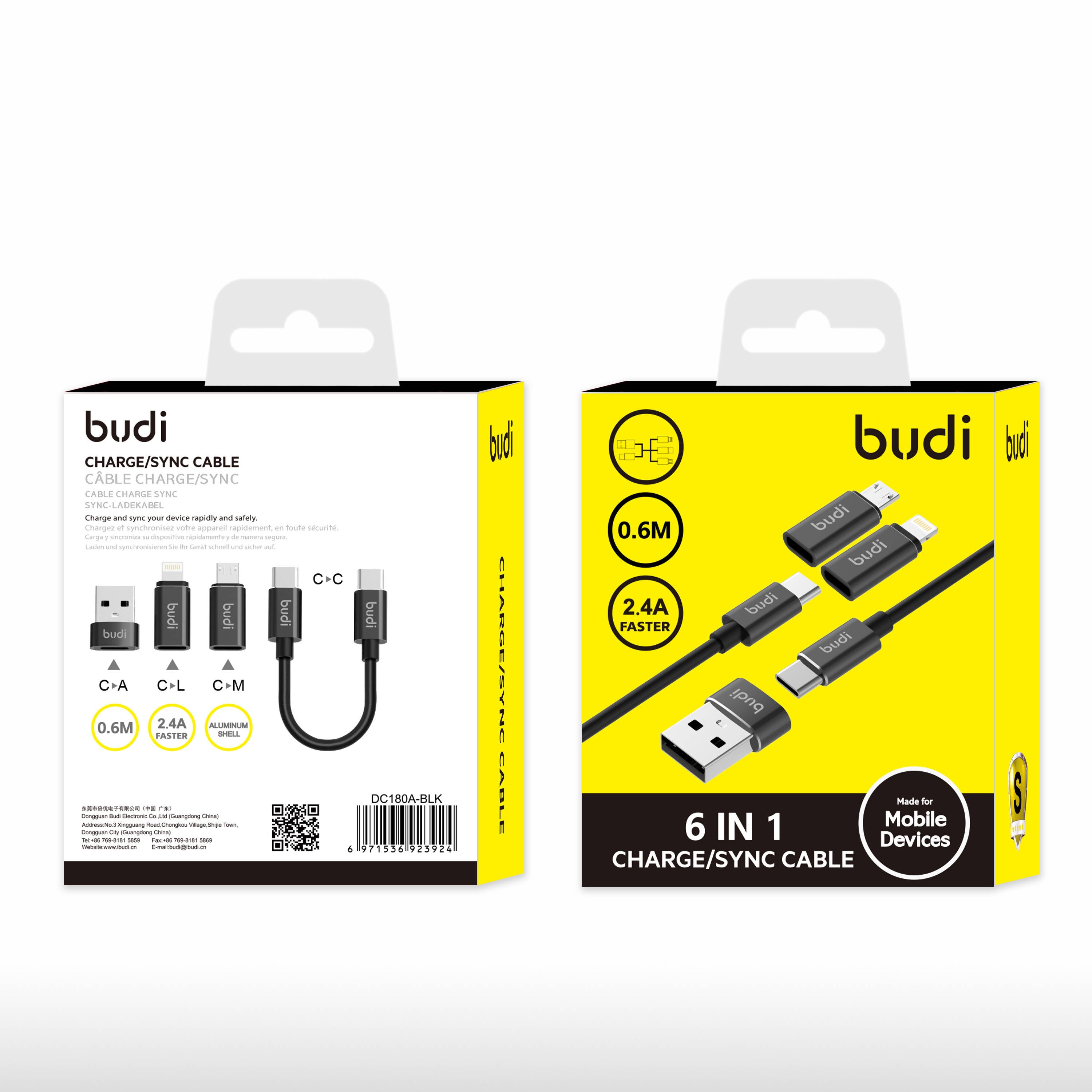 Budi 6 in 1 Charge Sync 2.4A Fast Cable 180A Black