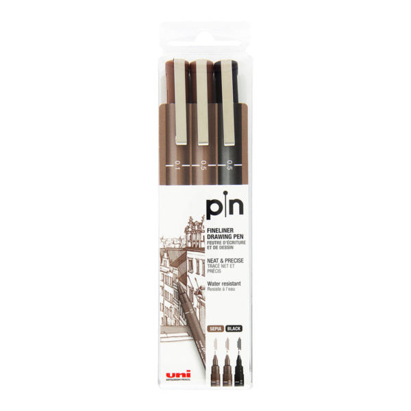 Uni Pin Fine Line Pens Sepia  Black