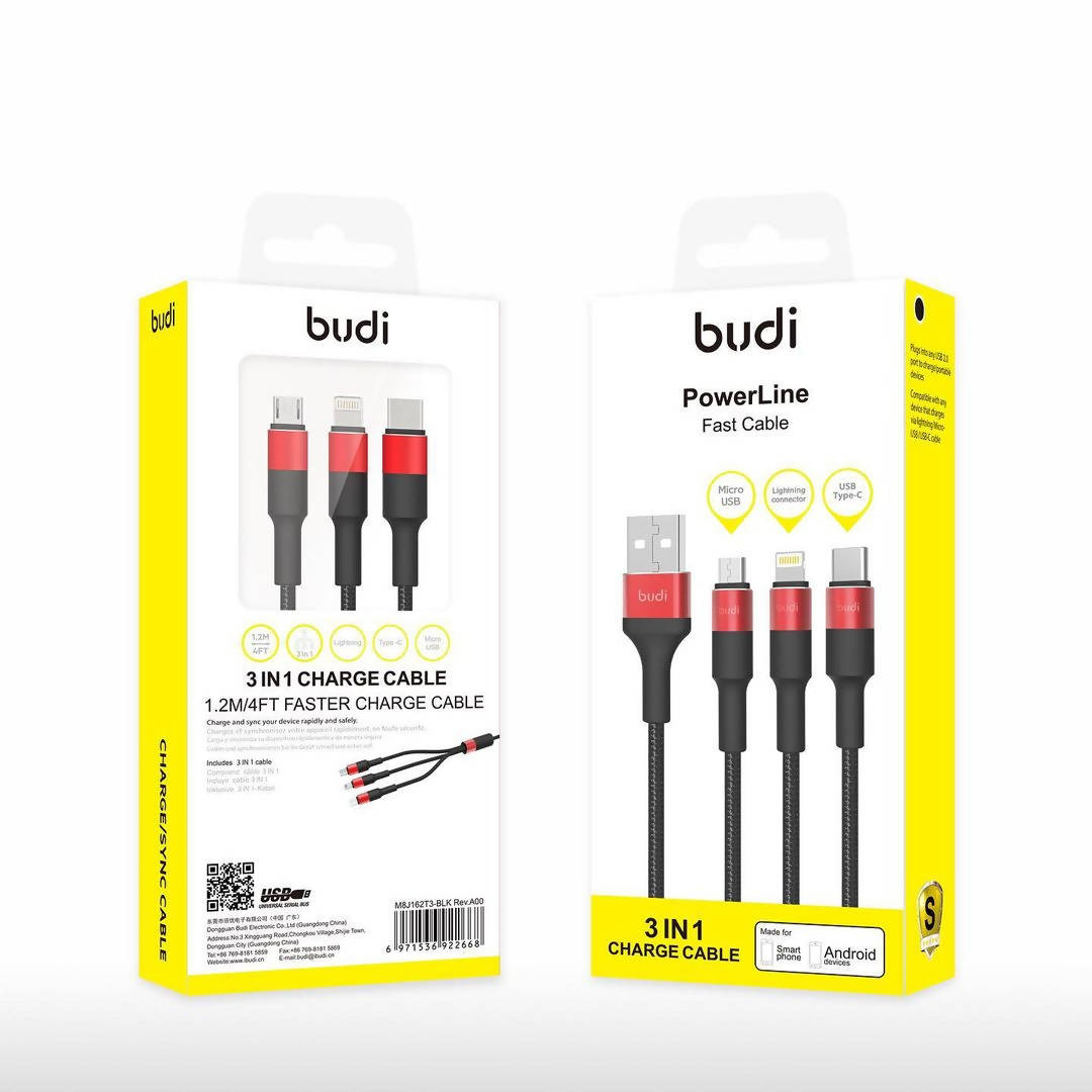 Budi 3 in 1 Charge Cable Powerline Fast Cable Black & Red