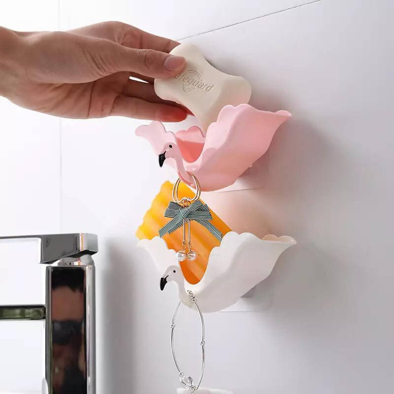 Lovely Flamingo Soap Holder Wall-mounted Bathroom Kitchen Sponge Soap Drain Racks Storage Box Organizers Soap Dish Tray