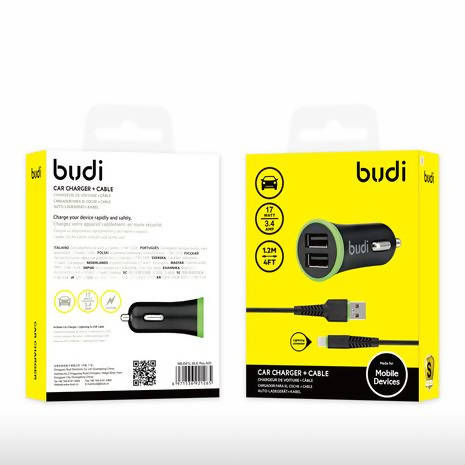 Budi 061L 2 USB 17 Watt Car Charger Iphone Lightning with Cable Black