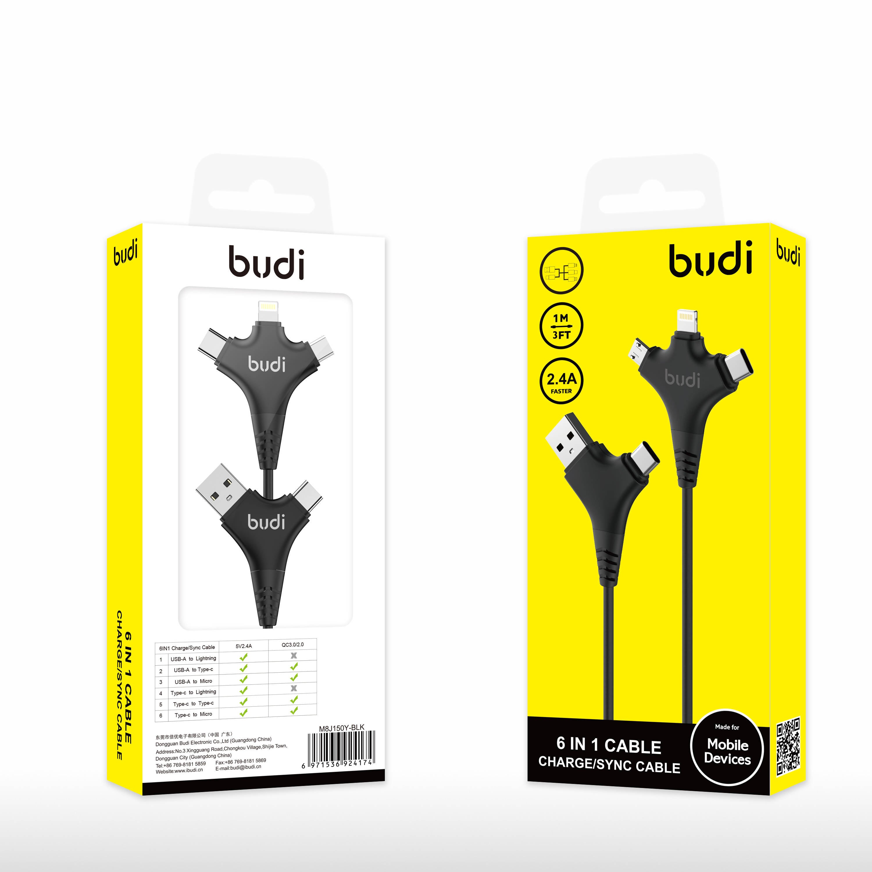 Budi 6 in 1 Charge sync Fast Charging Cable 150Y Black